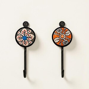Hand Painted Ceramic Wall Hooks | Decorative Coat Hooks Set | Blue Pottery Wall Decor | Handmade Entryway Hooks