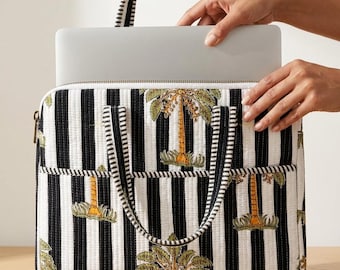 Handbedrukte gewatteerde laptoptas, wit en zwart katoenen gevoerde hoes, tas met dierenmotief