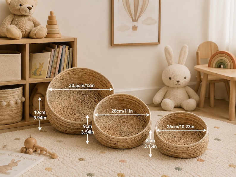 May include: Three woven, round baskets of varying sizes. The largest is 12 inches in diameter, the medium is 11 inches, and the smallest is 10.23 inches. The baskets are made of natural-colored woven material and are suitable for storage or decoration.