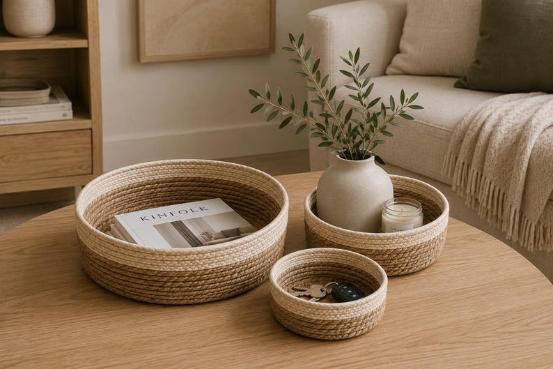 May include: Three woven rope baskets of varying sizes on a wooden table. The largest basket holds a book titled "KINFOLK." The middle basket contains a vase with greenery and a candle. The smallest basket holds keys.