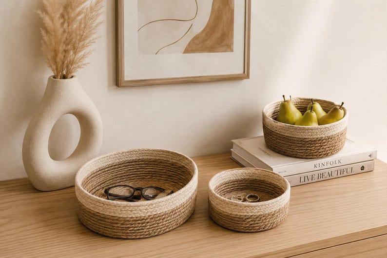 May include: A neutral-toned interior decor arrangement featuring woven rope baskets, a decorative vase, and a framed artwork. The baskets are in varying sizes, with one holding eyeglasses and another holding jewelry. Pears are in a basket on top of books.