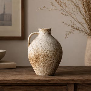 Handmade Rustic Ceramic Vase – Speckled Beige Handle Vase for Farmhouse Decor
