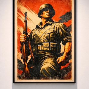 Op de afbeelding: Een ingelijste vintage poster met een soldaat in een olijfgroen uniform en helm, die een geweer vasthoudt. De achtergrond is felrood met witte en zwarte penseelstreken, wat een dramatisch effect creëert. Het kunstwerk heeft een verouderde uitstraling.