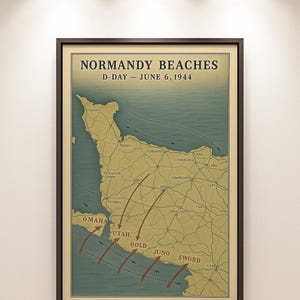 WWII Battle Map – Normandy Beaches D-Day June 6, 1944 – Vintage World War 2 Wall Art – Military History Map Poster