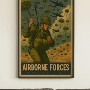 Puede incluir: Cartel militar vintage con un soldado paracaidista, rodeado de otros paracaidistas y aviones. El texto "INTO THE FIGHT" y "AIRBORNE FORCES" es visible. La paleta de colores incluye tonos verdes, marrones y azules.