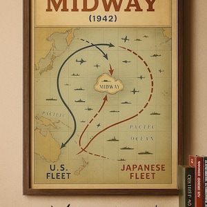 May include: Framed vintage-style poster depicting the Battle of Midway in 1942, with a map showing the U.S. and Japanese fleets' routes. The poster is in a brown frame. Miniature model airplanes are on a shelf below.