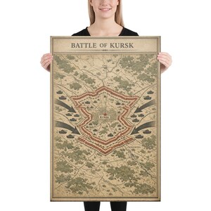 Puede incluir: Un mapa de estilo vintage titulado "BATTLE OF KURSK" representa una campaña militar histórica. El mapa presenta ilustraciones detalladas del terreno, los movimientos de tropas y la ciudad de Kursk, con una estrella roja que marca su ubicación. La paleta de colores incluye beige, marrón y verde.