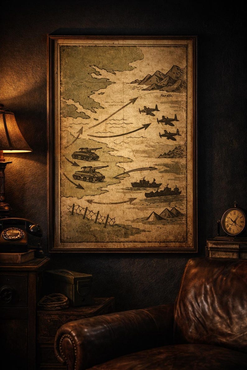 WWII Map Style Poster, Vintage Military Map Art, World War 2 Inspired ...