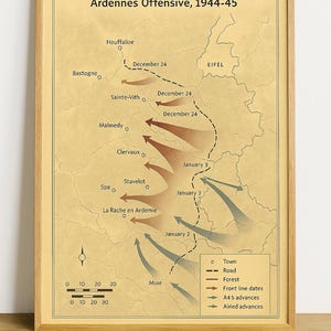 Pode incluir: Um mapa emoldurado intitulado "BATALHA DO BULGE Ofensiva das Ardenas, 1944-45." O mapa mostra os movimentos da batalha com setas e datas. A faixa inferior diz "DOWNLOAD DIGITAL."