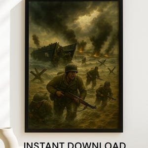 D-Day Normandy Poster – WWII Military Wall Art, Omaha Beach 1944, World War 2 History Print, Instant Digital Download