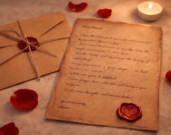 Lettre d'amour personnalisée vintage | Cadeau manuscrit avec sceau de cire | Papier ancien pour anniversaires spéciaux