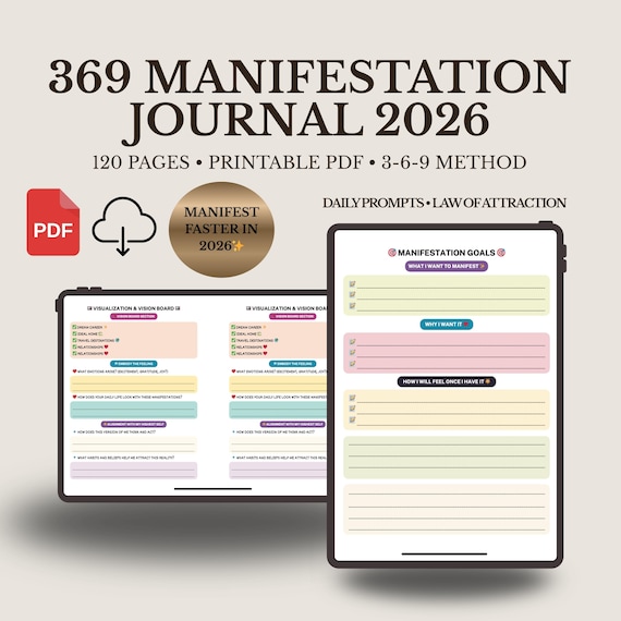 369 Manifestation Journal 2026 | Printable Law of Attraction Journal | 3-6-9 Method Planner | Spiritual Manifestation Workbook | Digital PDF