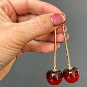 Handmade Resin Cherry Earrings – Long Gold Bar Dangle Earrings – Cute Fruit Jewelry – Summer Accessory Gift for Her