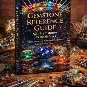 Op de afbeelding: Een hardcover "Gemstone Reference Guide" boek met een donkerblauwe kaft, met kleurrijke edelstenen en gouden letters. Het boek bevat informatie over 82+ edelstenen en 235 detailpagina's. Diverse edelstenen en sieraden gereedschappen liggen verspreid rond het boek.