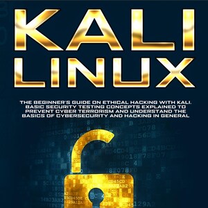 Puede incluir: Portada de libro con el título "KALI LINUX" en letras doradas. Debajo, el texto dice "THE BEGINNER'S GUIDE ON ETHICAL HACKING WITH KALI." Un candado dorado abierto está centrado sobre un fondo azul oscuro. El nombre del autor, "RAYMOND DEEP", está en la parte inferior.
