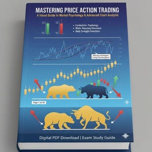 May include: A book titled "Mastering Price Action Trading" with a blue cover. The cover features charts, graphs, and illustrations of bulls and bears. Text includes "A Visual Guide to Market Psychology & Advanced Chart Analysis."