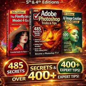 May include: Image of three book covers. The covers are for digital art and photo editing guides. The books are titled "The Firefly Im Model 4 Guide", "Adobe Photoshop Tricks & Tips", and "AI Image Creation Masterclass". The image also includes text that says "Latest Version! 5th & 4th Editions".