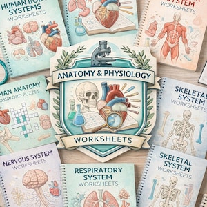 Può includere: Una collezione di fogli di lavoro di anatomia e fisiologia con illustrazioni dei sistemi del corpo umano, muscoli, scheletro, sistema nervoso e respiratorio. L'immagine include un microscopio e un teschio.