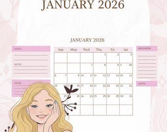 2026 Planerhülle | Mädchen Illustration, Blumenmuster (Digitaler Download