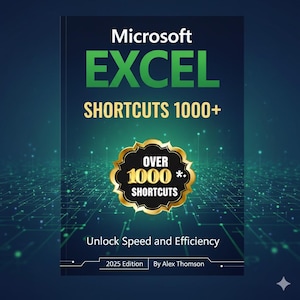 May include: A book cover with the title "Microsoft Excel Shortcuts 1000+". The cover is dark blue with green text and a gold emblem that reads "Over 1000 Shortcuts". The text "Unlock Speed and Efficiency" is also present.
