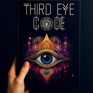 Op de afbeelding: Een boek met de titel "THIRD EYE CODE" dat door een hand wordt vastgehouden. De omslag toont een gedetailleerde illustratie van een oog met een blauwe iris, omringd door kleurrijke, sierlijke ontwerpen in goud, oranje, paars en blauw tegen een donkere achtergrond.