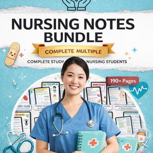 Può includere: Immagine di una donna sorridente in divisa blu che tiene in mano un quaderno turchese con una croce rossa. L'immagine promuove un "Nursing Notes Bundle" per studenti infermieri, con testo che include "Note condensate" e "Guide visive".