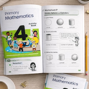 May include: Open book titled "Primary Mathematics Activity Book 4" with colorful illustrations of children. The pages show geometry exercises with circles, spheres, and cylinders. A cup of coffee, glasses, and stationery are also visible.