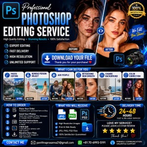 Può includere: Un annuncio digitale per un servizio professionale di fotoritocco con Photoshop. La grafica presenta ritratti prima e dopo, un elenco di funzionalità di editing tra cui la rimozione dello sfondo e la correzione del colore, istruzioni per l'ordine e dettagli sulla consegna.