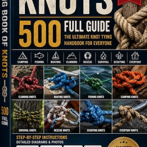 May include: The Big Book of Knots 500 Full Guide is a 300-page, full-color illustrated handbook. The dark blue cover features text, icons for activities like camping and fishing, and various photographs of rope knots tied in different settings.