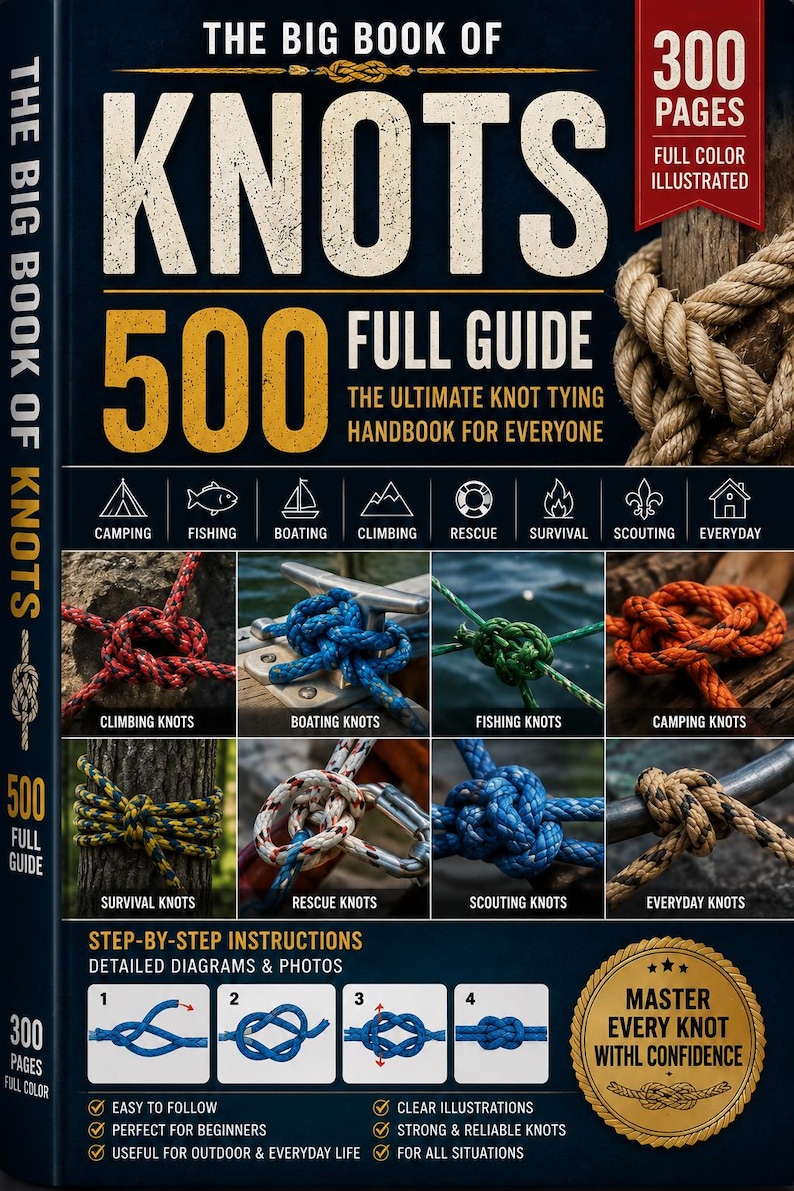 May include: The Big Book of Knots 500 Full Guide is a 300-page, full-color illustrated handbook. The dark blue cover features text, icons for activities like camping and fishing, and various photographs of rope knots tied in different settings.