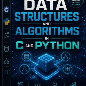 以下が含まれることがあります： Chandan BanerjeeとAtanu DasによるData Structures and Algorithms in C and Pythonというタイトルの本。黒い表紙には、青く光るデジタルグラフィック、中央の立方体、そしてLearn. Code. Solve.やEfficient Solutionsなどのテキストが記載されています。