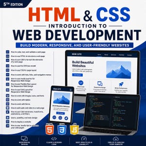 May include: The 5th edition book titled HTML & CSS Introduction to Web Development features a blue and white cover with text, icons, and illustrations of a laptop and tablet displaying website layouts and code snippets for web design.