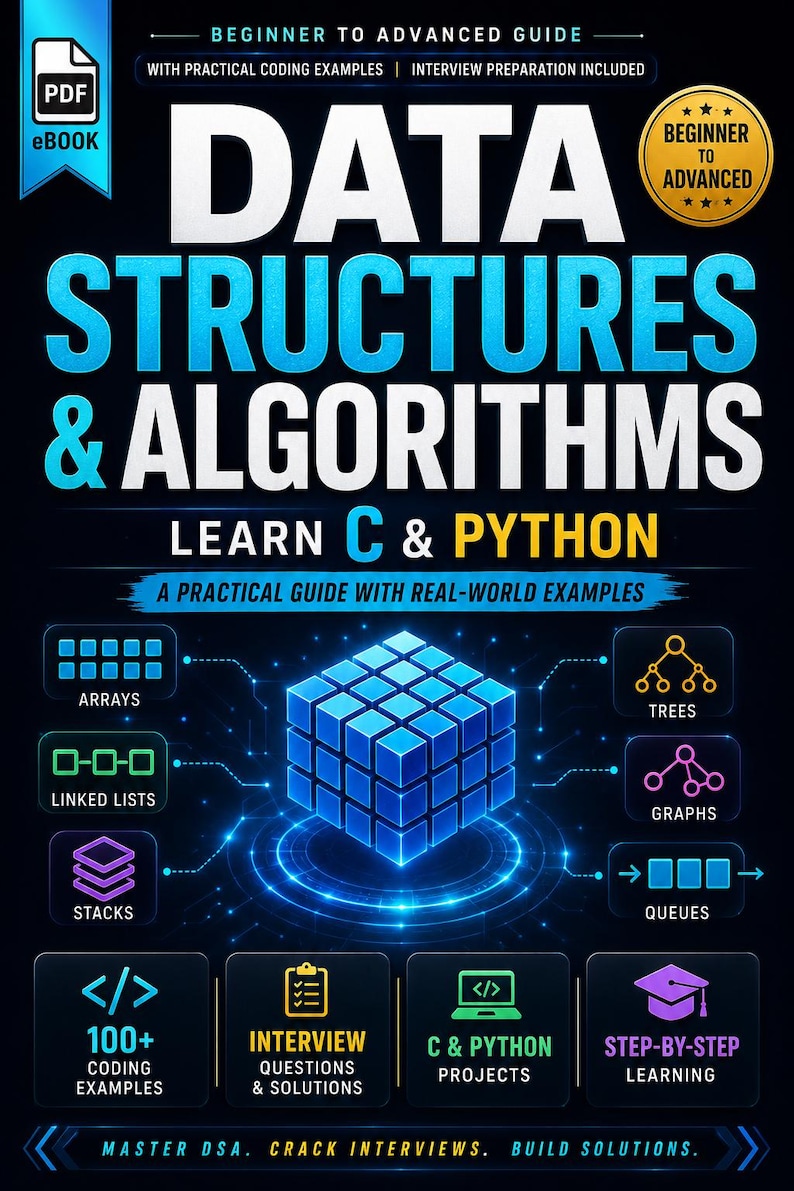 以下が含まれることがあります： Data Structures & Algorithms Learn C & Pythonというタイトルのデジタル電子書籍の表紙。小さなブロックで構成された光る青い立方体が中央にあり、その周囲に配列、ツリー、リスト、グラフ、スタック、キューのアイコンが暗い背景上に配置されています。