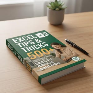 May include: A green and white book titled "EXCEL TIPS & TRICKS 500+" with a woman using a laptop on the cover. The book includes shortcuts, formulas, and data hacks. A black pen rests beside the book on a wooden surface.