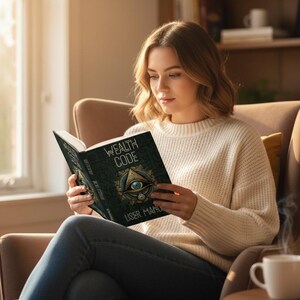 May include: A person seated in a chair reads a book titled "WEALTH CODE USER MANUAL." The book cover is dark with an eye symbol. The person wears a cream-colored sweater and blue jeans. A cup of coffee sits on a table nearby.