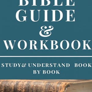 Könnte beinhalten: Ein türkisfarbener Buchumschlag mit dem Titel "BIBLE GUIDE & WORKBOOK" in großen weißen Buchstaben. Der Name des Autors, "Brain Gugas", steht oben. Auf den Buchtitel folgt der Text "STUDY & UNDERSTAND BOOK BY BOOK". Ein Teil eines alten Buches ist sichtbar.