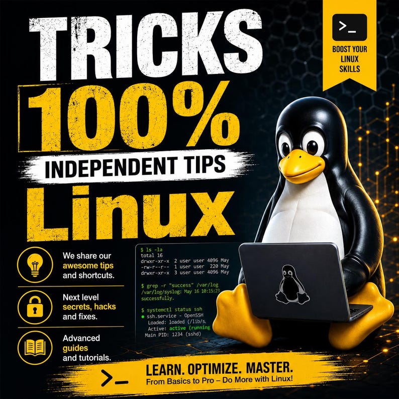 Peut inclure: Une affiche graphique montrant une mascotte pingouin noir et blanc utilisant un ordinateur portable avec un logo pingouin. Le texte inclut TRICKS 100% INDEPENDENT TIPS Linux, BOOST YOUR LINUX SKILLS, et LEARN. OPTIMIZE. MASTER. From Basics to Pro.