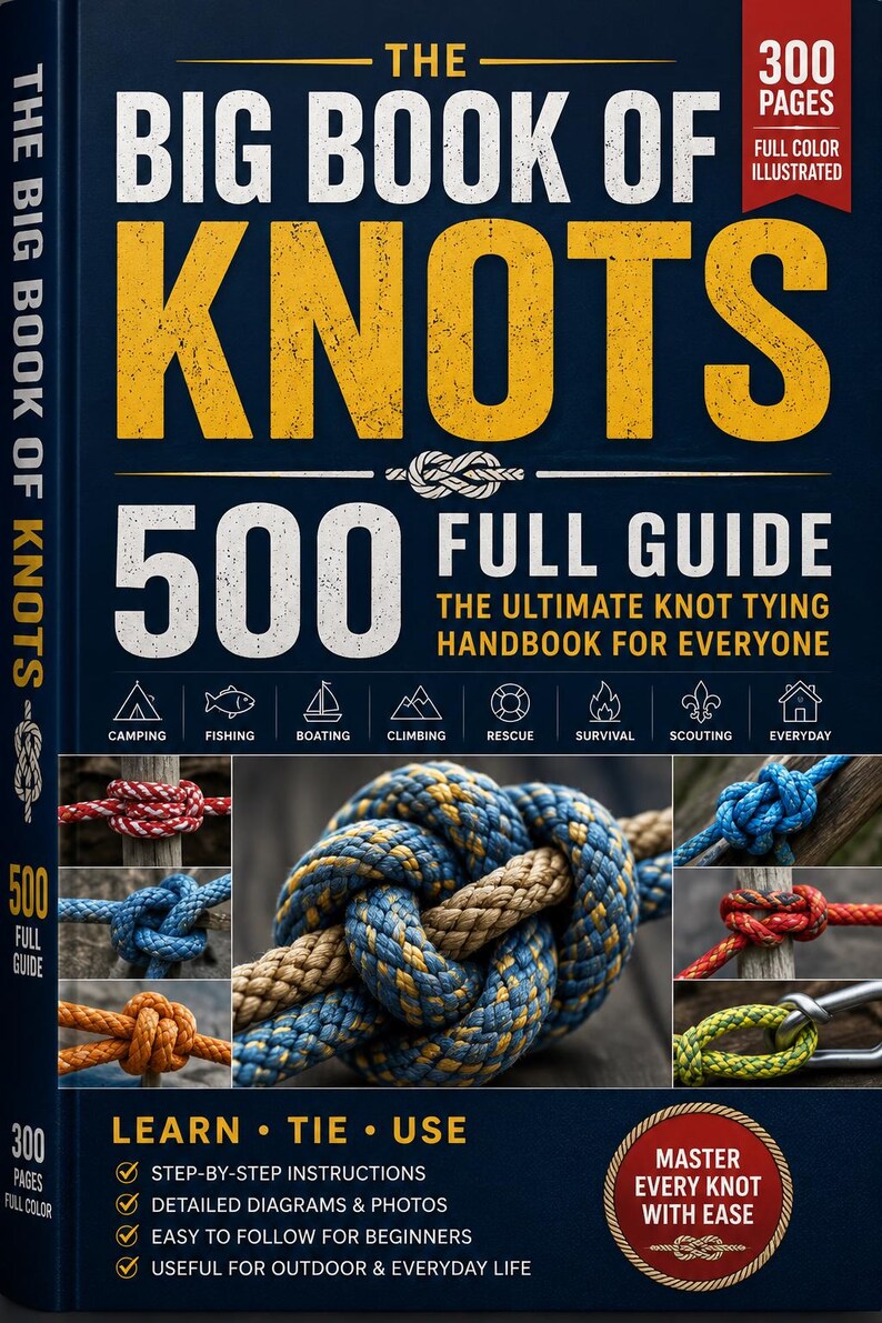 May include: A dark blue hardcover book titled The Big Book of Knots, featuring 500 full guide, 300 pages, and full color illustrated text. The cover displays various rope knot examples, icons for camping, fishing, boating, climbing, and survival.