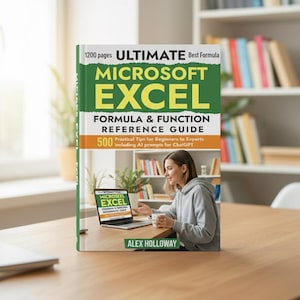 May include: A book titled "ULTIMATE MICROSOFT EXCEL FORMULA & FUNCTION REFERENCE GUIDE" with 1200 pages. The cover is green and orange with the title in large yellow letters. The book includes 500 practical tips for beginners to experts, including AI prompts for ChatGPT.