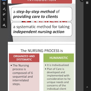 May include: A digital document with the title "INTRODUCTION" in a red banner. The document contains text describing a step-by-step method of providing care to clients and a systematic method for taking independent nursing action.