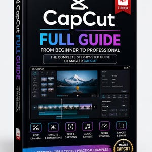 May include: A black e-book cover titled CapCut Full Guide From Beginner To Professional. The cover features the CapCut logo, a screenshot of the video editing interface, and icons for editing, effects, text, audio, speed control, and export functions.