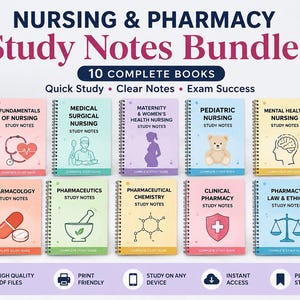 May include: A digital bundle of 10 nursing and pharmacy study note books featuring spiral-bound covers in various pastel colors. Each book displays a specific medical topic, including titles like Fundamentals of Nursing, Pharmacology, and Pharmacy Law & Ethics.