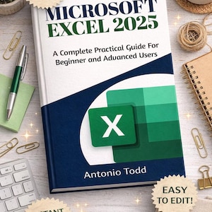 Könnte beinhalten: Ein Buch mit dem Titel "MICROSOFT EXCEL 2025" mit einem grünen und weißen Excel-Logo. Das Buch ist ein umfassender praktischer Leitfaden für Anfänger und Fortgeschrittene. Das Bild enthält eine Tastatur, einen Stift und Büroklammern.