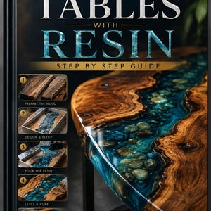 May include: A hardcover book titled The Art of Tables with Resin Step by Step Guide. The cover features a large image of a live-edge wood table with a blue resin river inlay containing stones, alongside five numbered steps illustrating the process.