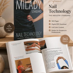May include: A Milady Standard Nail Technology textbook with a black cover featuring a person in a black dress, alongside an open copy showing instructional diagrams, text, and photos. The cover includes the text Milady Standard Nail Technology.