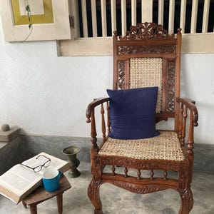 Intricately Carved Vintage Reading Chair in Jak Wood - Rattan Woven One-of-a-Kind Accent Armchair&quot;
