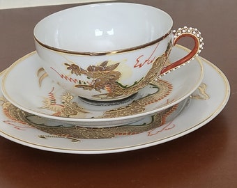 Vintage Oriental Asian Gold Dragon Tea cup  trio set with Lithophane Geisha; Asian dragonware set; Japanese Satsuma Dragonware Moriage