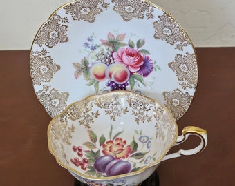 Vintage Paragon Fruits and Floral Teacup and Saucer, Bone China,  made in England