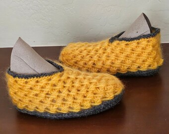 Handmade Mohair House Slippers: Wool Sole, Size 7-8