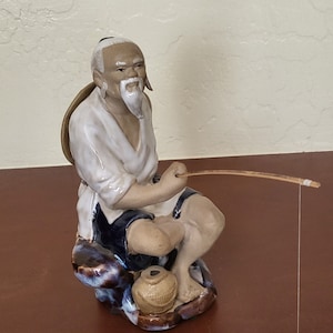 Vintage Chinese Ceramic Shiwan Glazed Mudman Fisherman Figurine; Asian fisherman